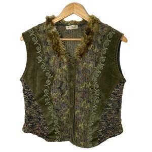 VTG ENZA Italy Moss Olive Green Mohair Blend Velvet Accents Boho Vest Sz Med
